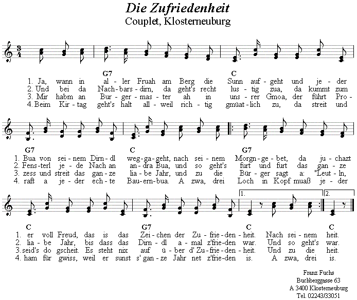 Die Zufriedenheit, Couplet in zweistimmigen Noten. 
Bitte klicken, um die Melodie zu h�ren.