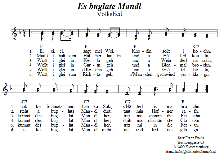 Es buglate Mandl, zweistimmiges Lied, Seite 1. 
Bitte klicken, um die Melodie zu hren.