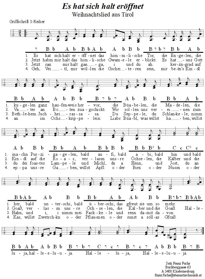 Es hat sich halt erffnet, Weihnachtslied in Griffschrift fr Steirische Harmonika. 
Bitte klicken, um die Melodie zu hren.