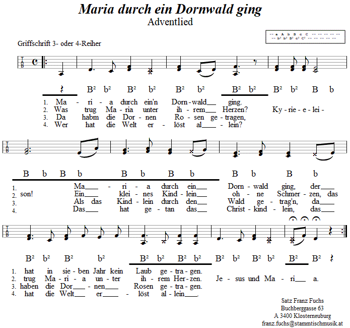 Maria durch ein Dornwald ging, Adventlied in Griffschrift fr Steirische Harmonika. 
Bitte klicken, um die Melodie zu hren.