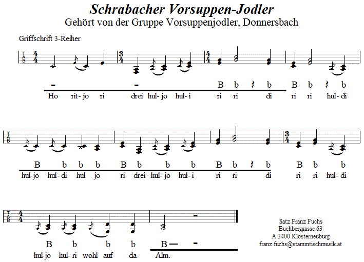 Schrabacher Vorsuppenjodler in Griffschrift fr Steirische Harmonika. 
Bitte klicken, um die Melodie zu hren.
