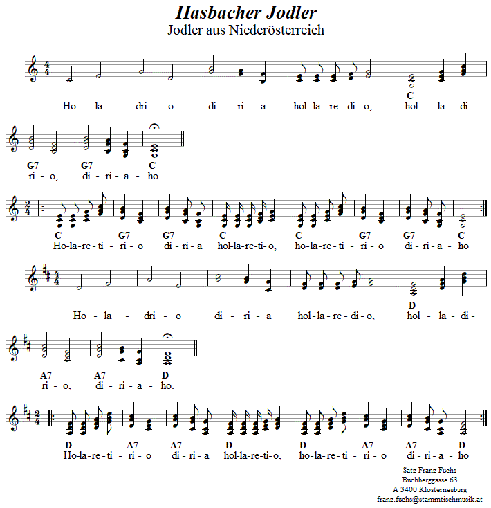 Hasbacher Jodler. in dreistimmigen NotenBitte klicken, um die Melodie zu hren.