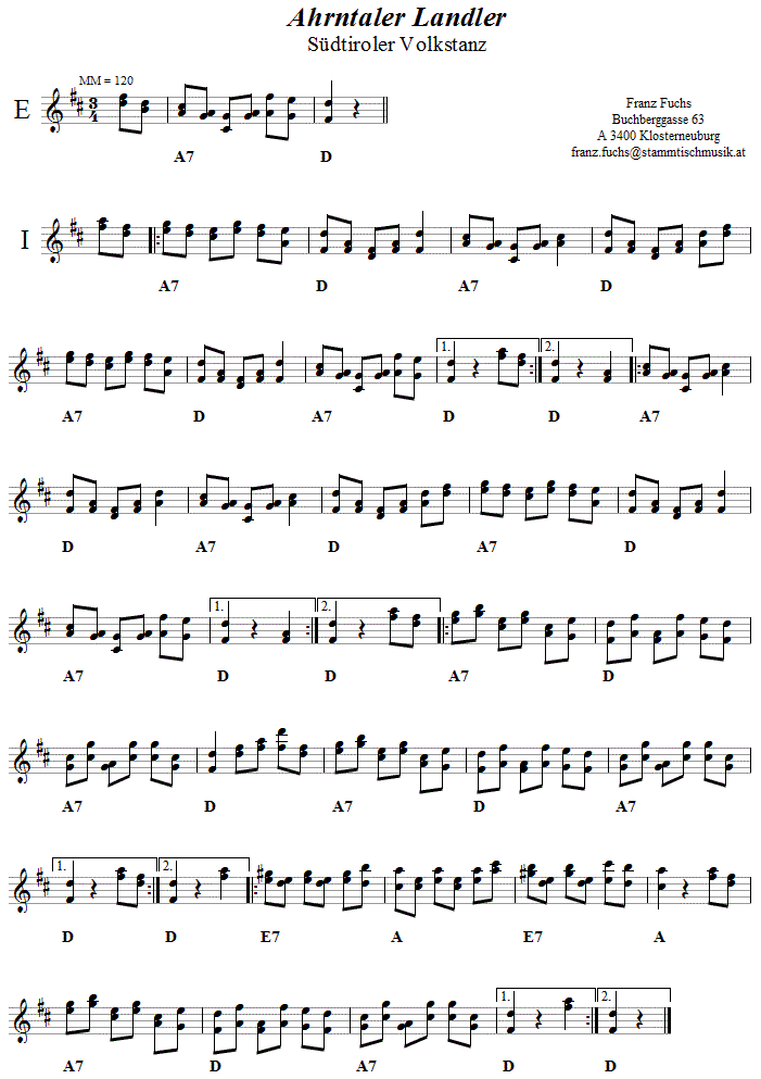Ahrntaler Landler in zweistimmigen Noten. 
Bitte klicken, um die Melodie zu h�ren.