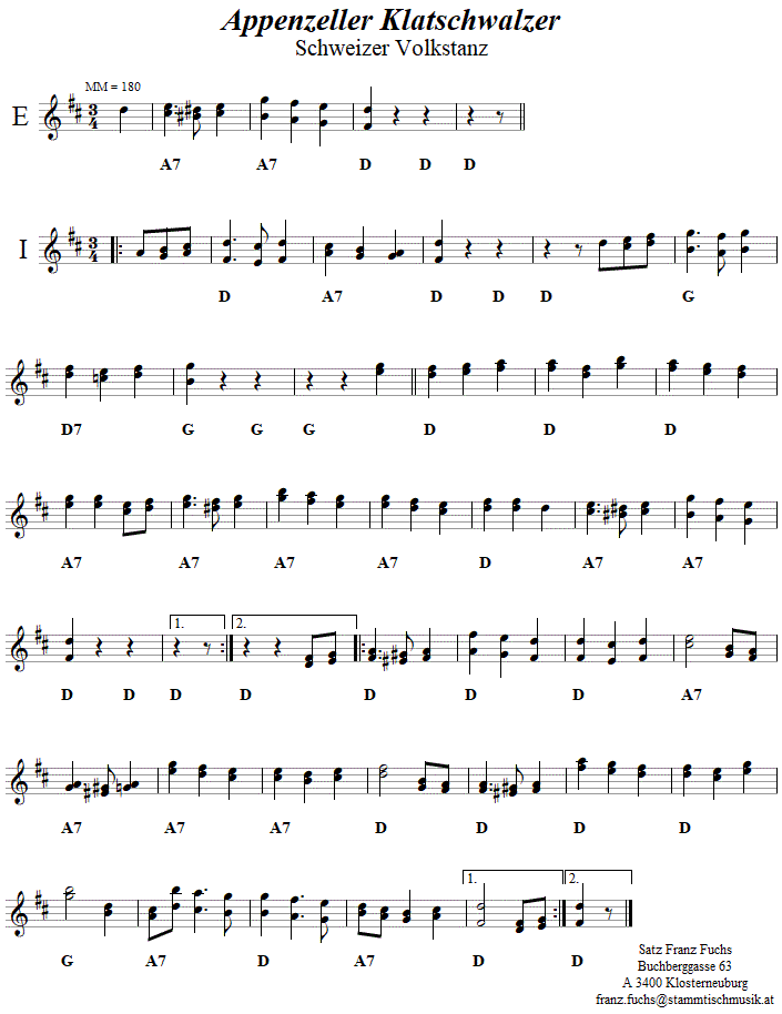 Appenzeller Klatschwalzer in zweistimmigen Noten. 
Bitte klicken, um die Melodie zu hren.