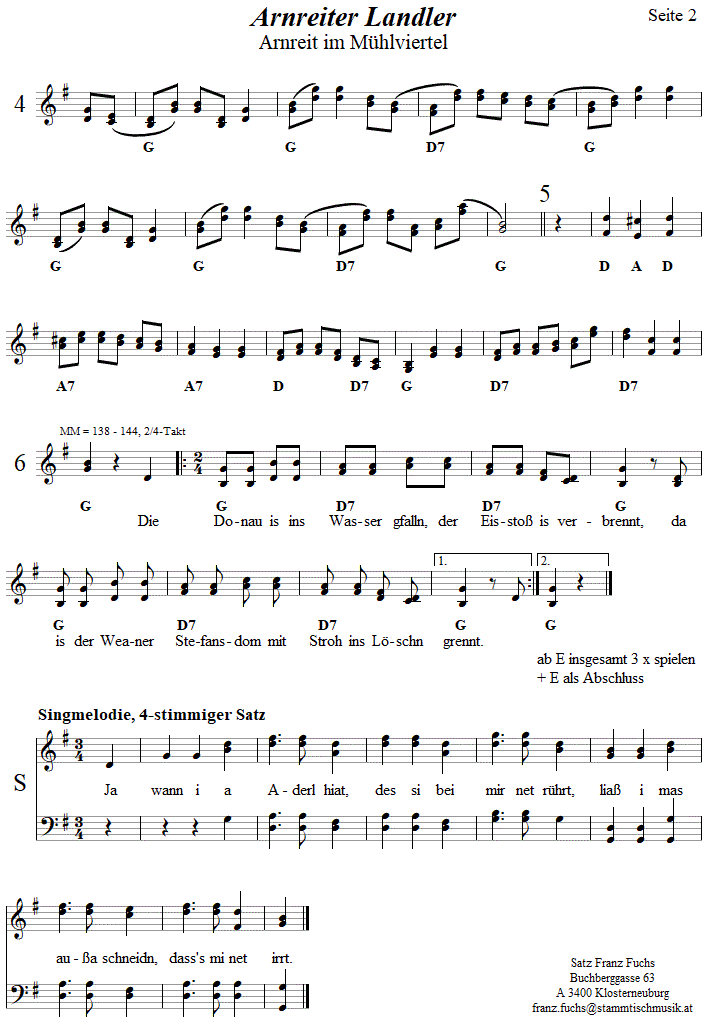 Arnreiter Landler in zweistimmigen Noten, Seite 2. 
Bitte klicken, um die Melodie zu hren.