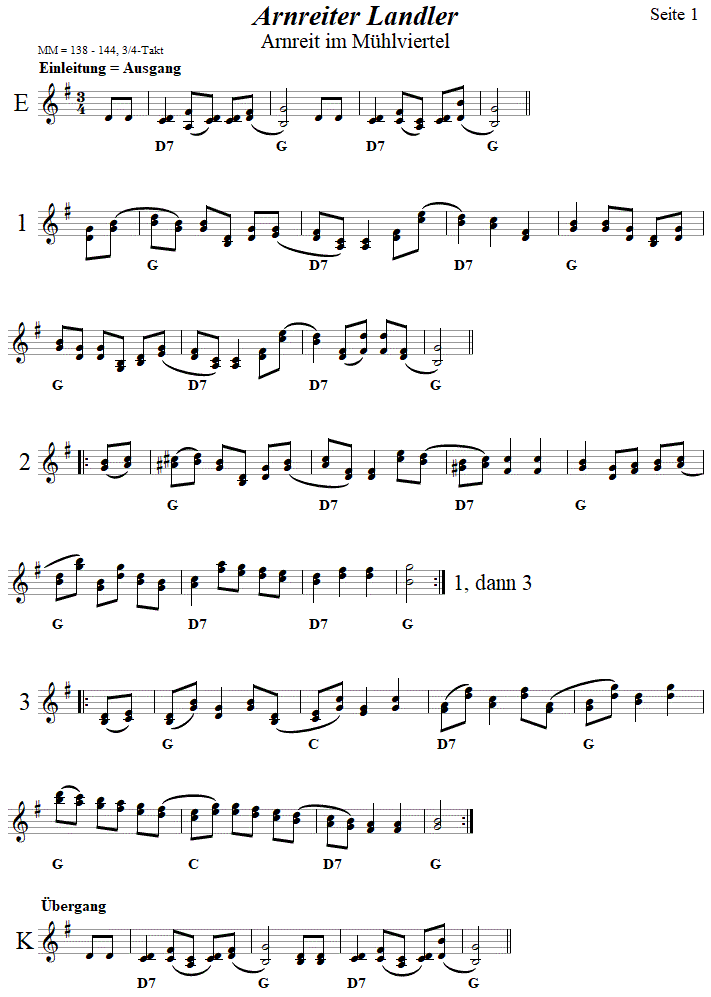 Arnreiter Landler in zweistimmigen Noten, Seite 1. 
Bitte klicken, um die Melodie zu hren.