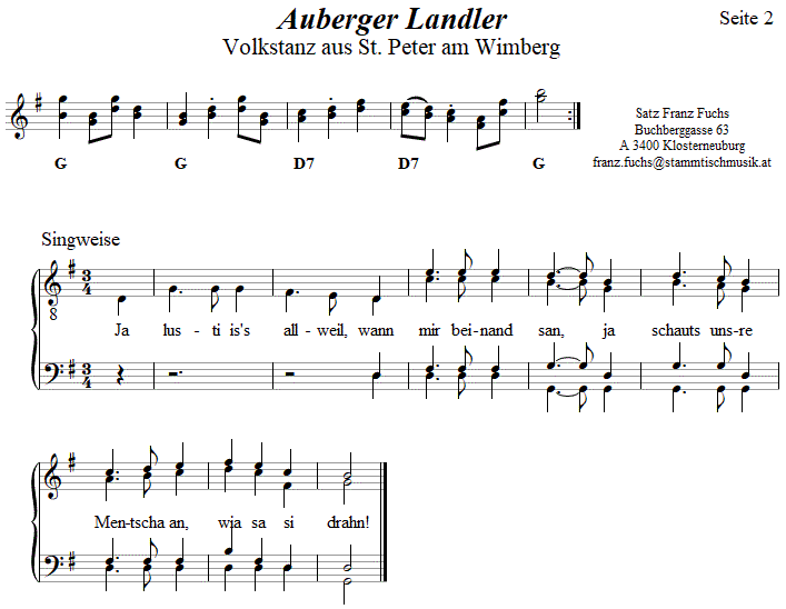 Auberger Landler in zweistimmigen Noten, Seite 2. 
Bitte klicken, um die Melodie zu hren.