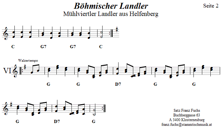 Bhmischer Landler, in zweistimmigen Noten, Seite 2. 
Bitte klicken, um die Melodie zu hren.