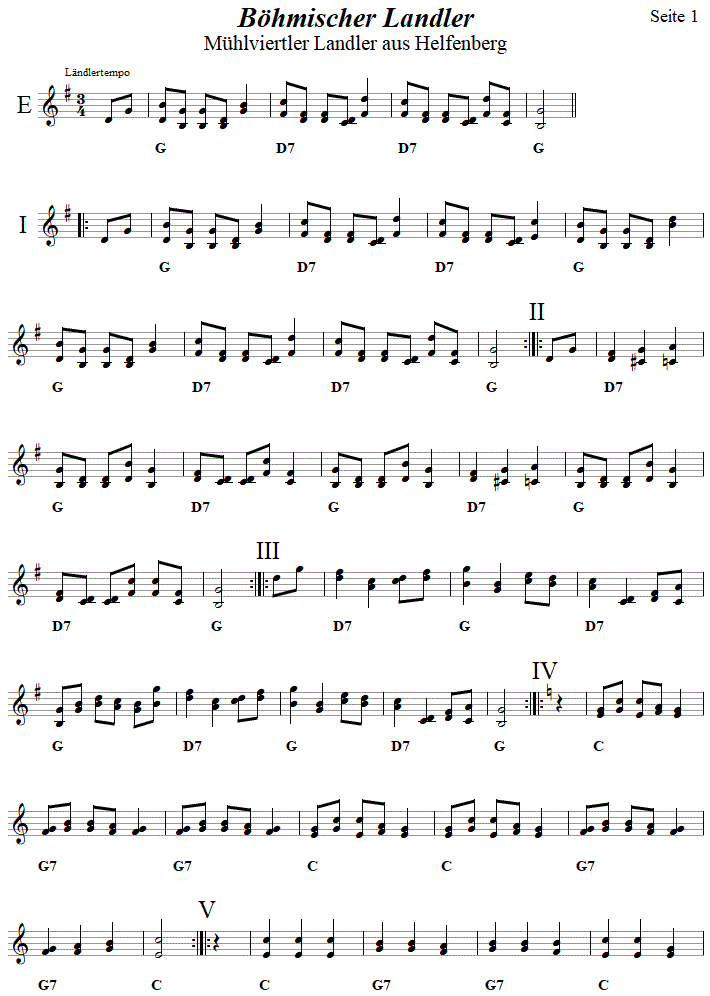 Bhmischer Landler, in zweistimmigen Noten, Seite 1. 
Bitte klicken, um die Melodie zu hren.