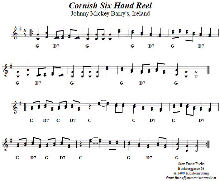 Cornish six-hand Reel in zweistimmigen Noten. 
Bitte klicken, um die Melodie zu hren.