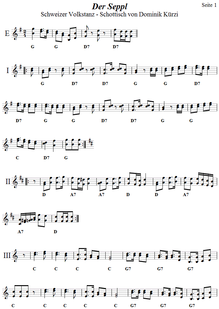 Der Seppl in zweistimmigen Noten. Seite 1. 
Bitte klicken, um die Melodie zu hren.