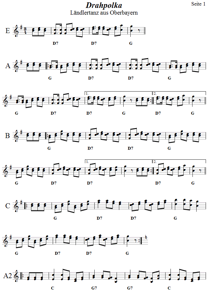 Drahpolka in zweistimmigen Noten, Seite 1. 
Bitte klicken, um die Melodie zu hren.