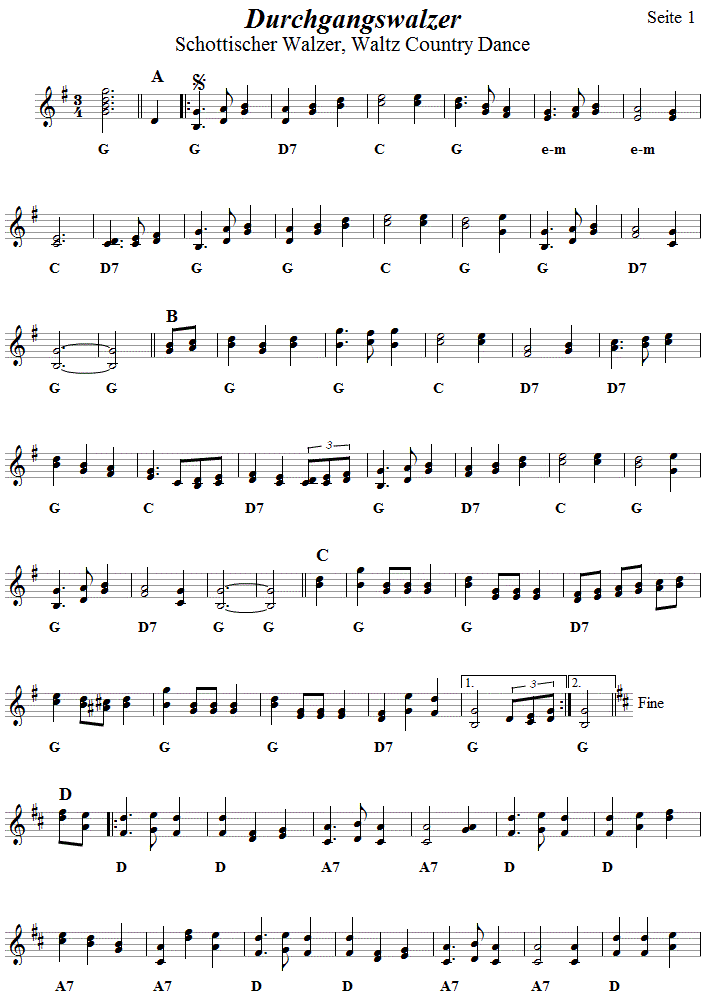 Schottischer Walzer (Durchgangswalzer). Seite 1, in zweistimmigen Noten. 
Bitte klicken, um die Melodie zu hren.