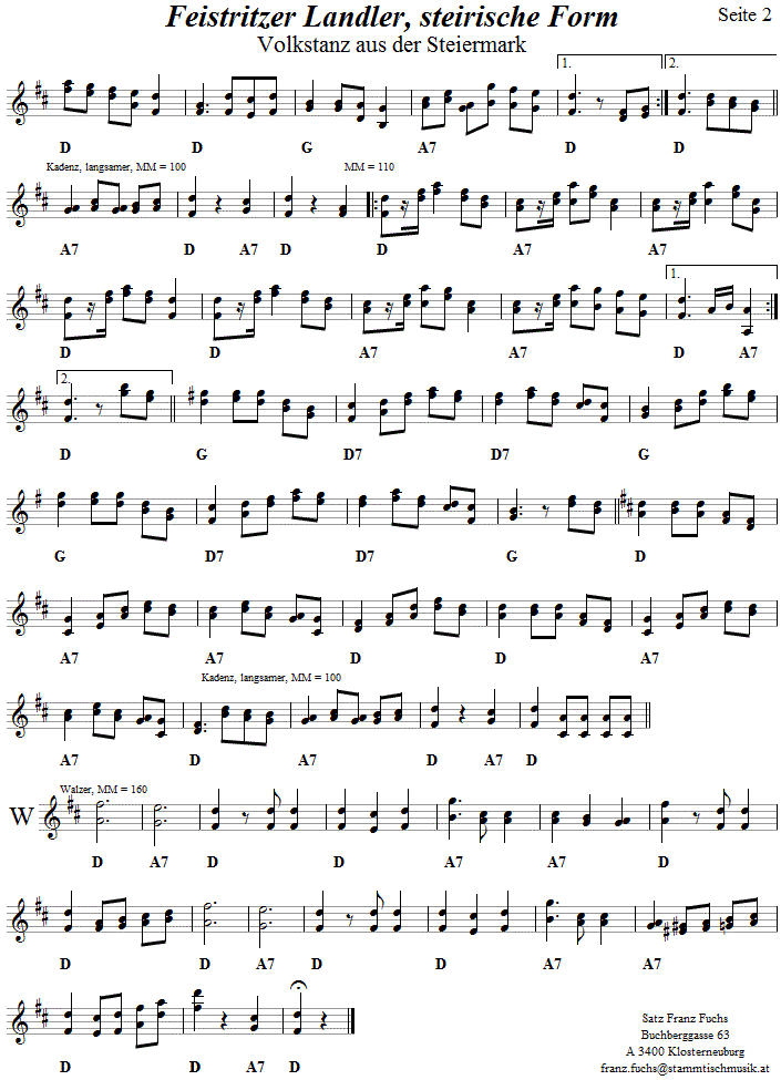 Feistritzer Landler, steirische Form, in zweistimmigen Noten, Seite 2. 
Bitte klicken, um die Melodie zu hren.