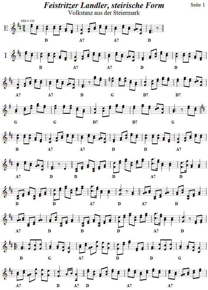 Feistritzer Landler, steirische Form, in zweistimmigen Noten, Seite 1. 
Bitte klicken, um die Melodie zu hren.