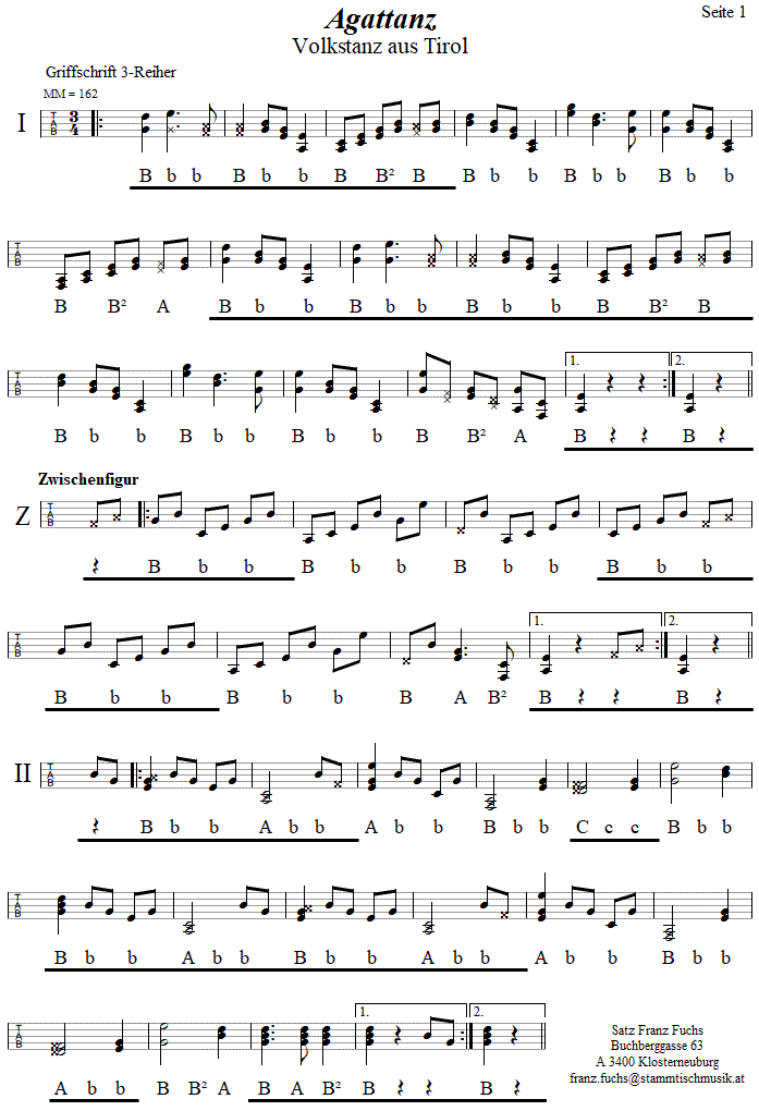 Agattanz 1 in Griffschrift fr Steirische Harmoniika. 
Bitte klicken, um die Melodie zu hren.