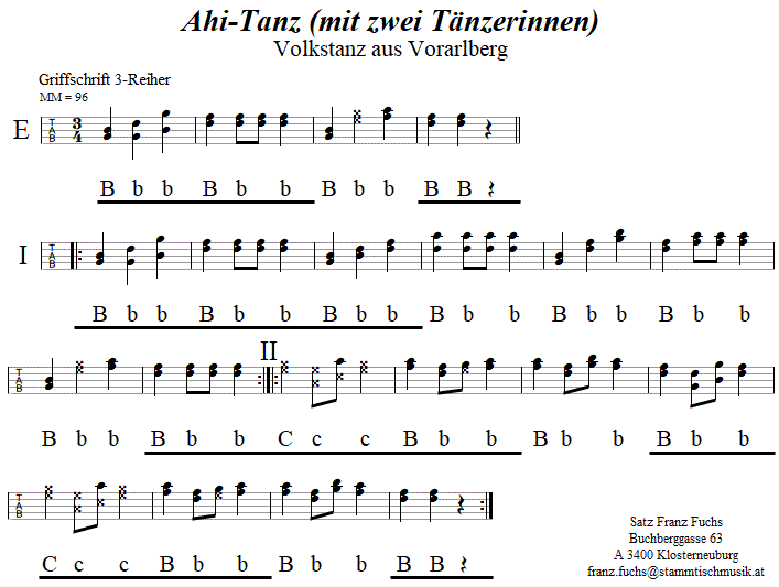 Ahi-Tanz mit 2 Tnzerinnen, in Griffschrift fr Steirische Harmonika. 
Bitte klicken, um die Melodie zu hren.