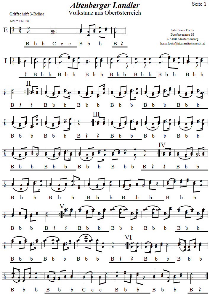 Altenberger Landler in Griffschrift fr Steirische Harmonika, Seite 1. 
Bitte klicken, um die Melodie zu hren.