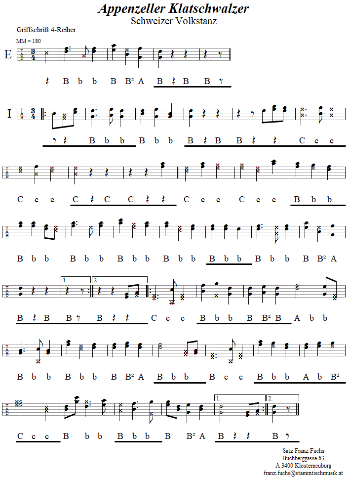 Appenzeller Klatschwalzer in Griffschrift fr Steirische Harmonika. 
Bitte klicken, um die Melodie zu hren.