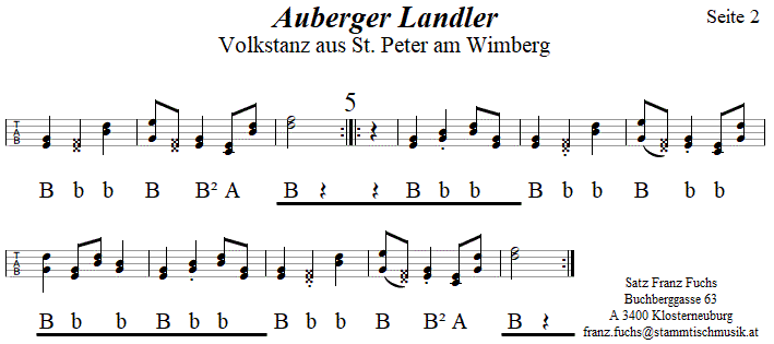 Auberger Landler in Griffschrift fr Steirische Harmonika, Seite 2. 
Bitte klicken, um die Melodie zu hren.