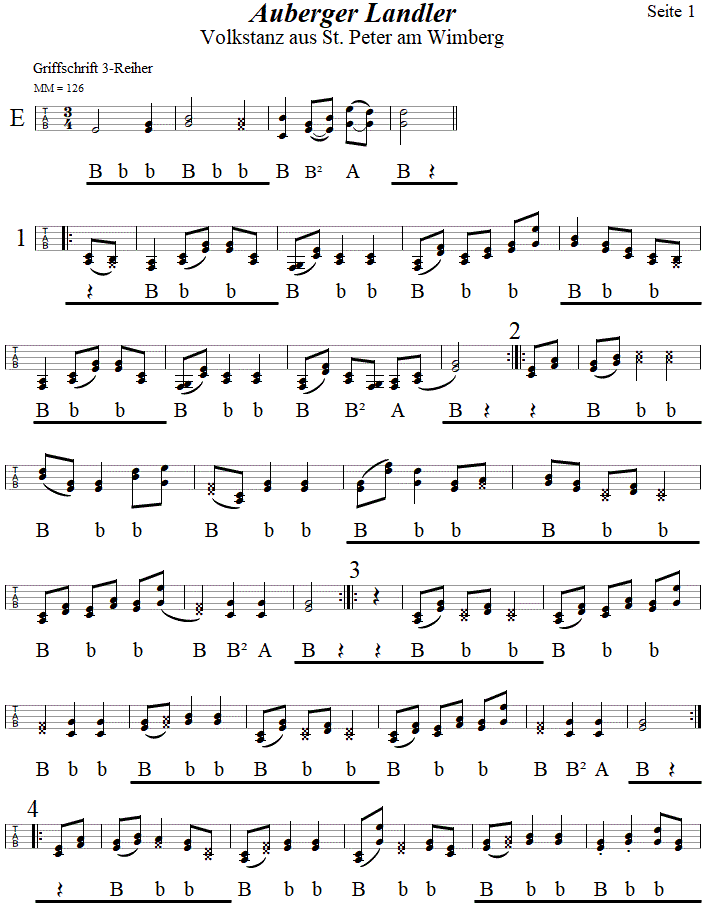 Auberger Landler in Griffschrift fr Steirische Harmonika, Seite 1. 
Bitte klicken, um die Melodie zu hren.