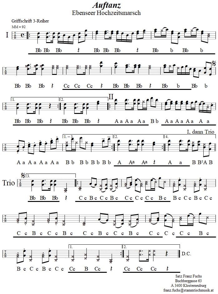Auftanzmarsch (Ebenseer Hochzeitsmarsch) in Griffschrift fr Steirische Harmonika. 
Bitte klicken, um die Melodie zu hren.