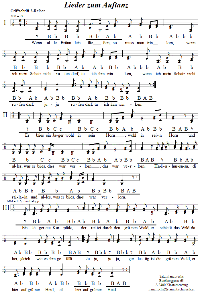 Lieder zum Auftanz in Griffschrift fr Steirische Harmonika. 
Bitte klicken, um die Melodie zu hren.