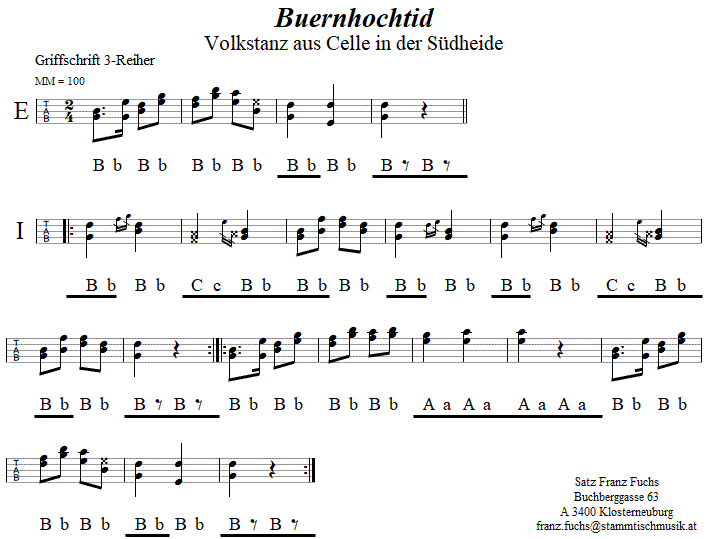 Buernhochtid in Griffschrift fr Steirische Harmonika. 
Bitte klicken, um die Melodie zu hren.