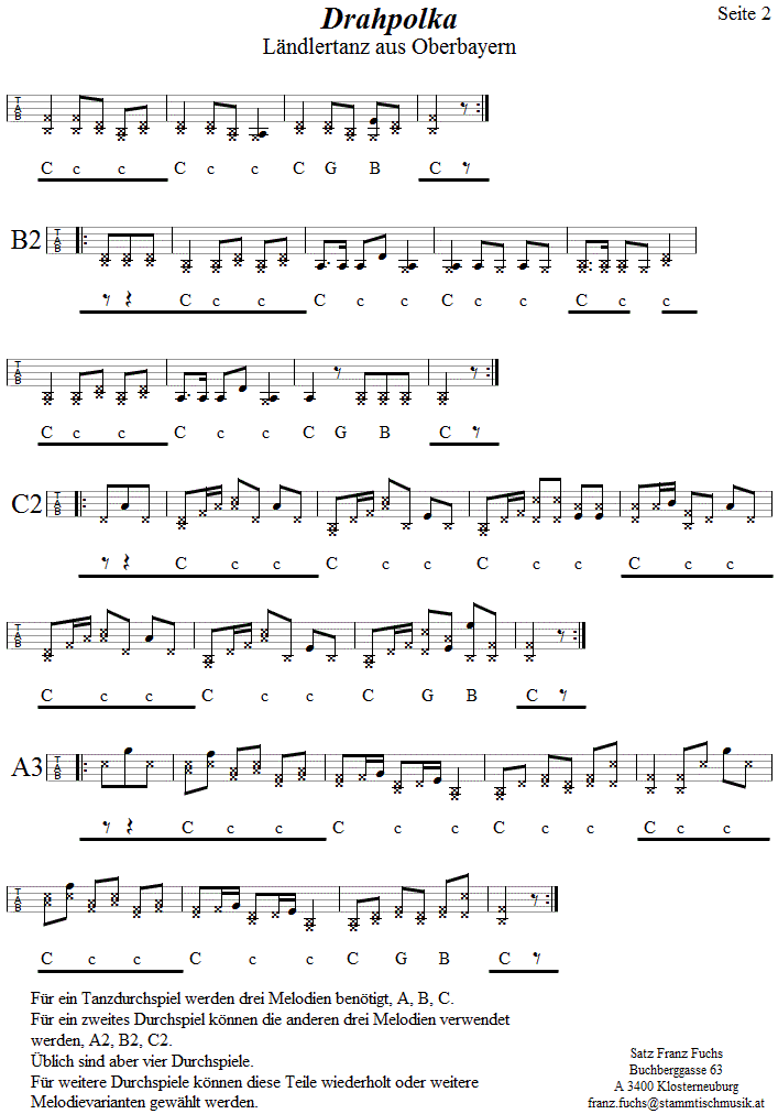 Drahpolka in Griffschrift fr Steirische Harmonika, Seite 2. 
Bitte klicken, um die Melodie zu hren.