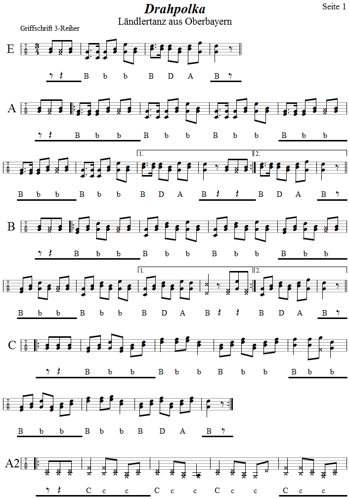 Drahpolka in Griffschrift fr Steirische Harmonika, Seite 1. 
Bitte klicken, um die Melodie zu hren.
