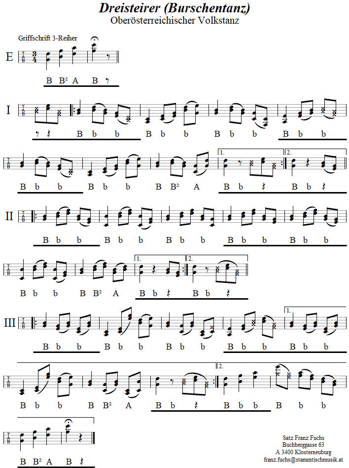Dreisteirer (Burschentanz) in Griffschrift fr Steirische Harmonika. 
Bitte klicken, um die Melodie zu hren.