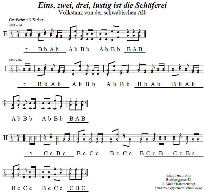 Eins, zwei, drei, lustig ist die Schferei, in Griffschrift fr Steirische Harmonika. 
Bitte klicken, um die Melodie zu hren.