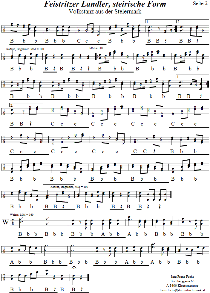 Feistritzer Landler, steirische Form, in Griffschrift fr Steirische Harmonika, Seite 2. 
Bitte klicken, um die Melodie zu hren.
