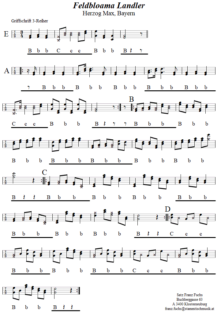Feldbloama Landlar in Griffschrift fr Steirische Harmonika. 
Bitte klicken, um die Melodie zu hren.