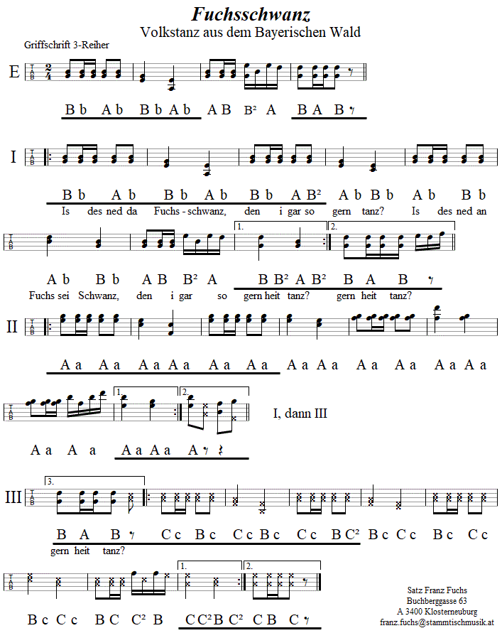 Fuchsschwanz, in Griffschrift fr Steirische Harmonika. 
Bitte klicken, um die Melodie zu hren.
