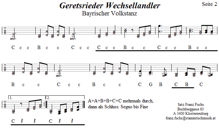 Geretsrieder Wechsellandler in Griffschrift fr Steirische Harmonika, Seite 2. 
Bitte klicken, um die Melodie zu hren.