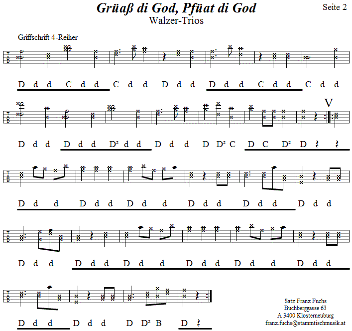 Gra di God Pfat di God, Seite 2, in Griffschrift fr Steirische Harmonika. 
Bitte klicken, um die Melodie zu hren.
