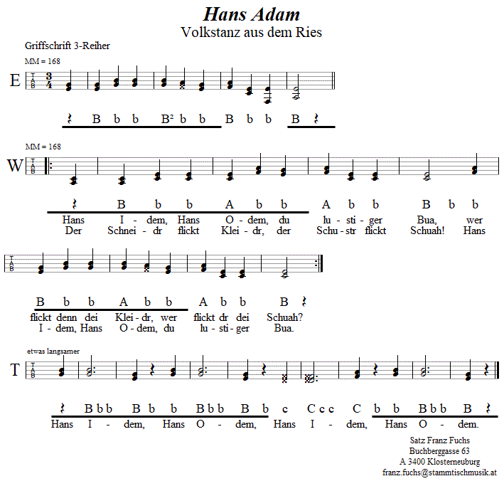 Hans Adam aus dem Ries in Griffschrift fr Steirische Harmonika. 
Bitte klicken, um die Melodie zu hren.