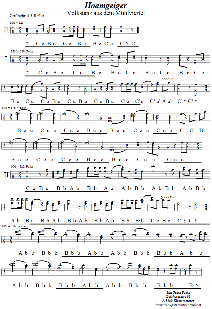 Hoamgeiger in Griffschrift fr Steirische Harmonika. 
Bitte klicken, um die Melodie zu hren.