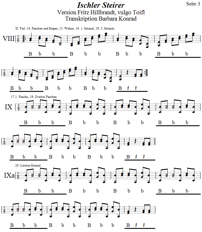 Ischler Steirer, Seite 3,  in Griffschrift fr Steirische Harmonika. 
Bitte klicken, um die Melodie zu hren.