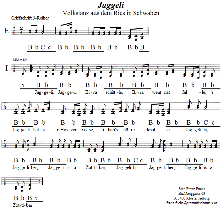 Jaggeli in Griffschrift fr Steirische Harmonika. 
Bitte klicken, um die Melodie zu hren.