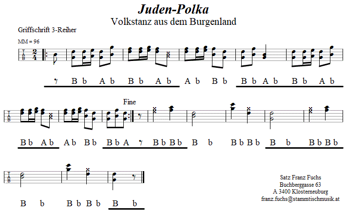 Juden-Polka in Griffschrift fr Steirische Harmonika. 
Bitte klicken, um die Melodie zu hren.