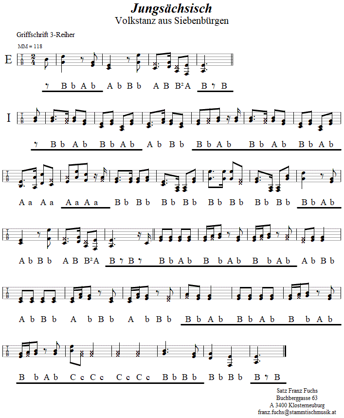 Jungschsisch in Griffschrift fr Steirische Harmonika. 
Bitte klicken, um die Melodie zu hren.