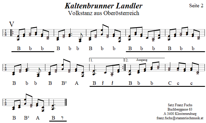 Kaltenbrunner Landler in Griffschrift fr Steirische Harmonika, Seite 2. 
Bitte klicken, um die Melodie zu hren.