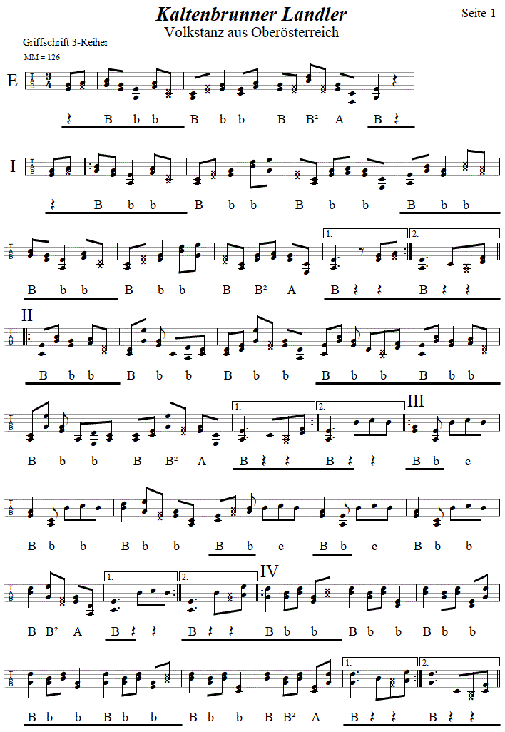 Kaltenbrunner Landler in Griffschrift fr Steirische Harmonika, Seite 1. 
Bitte klicken, um die Melodie zu hren.