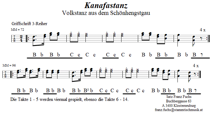 Kanafastanz, in Griffschrift fr Steirische Harmonika. 
Bitte klicken, um die Melodie zu hren.