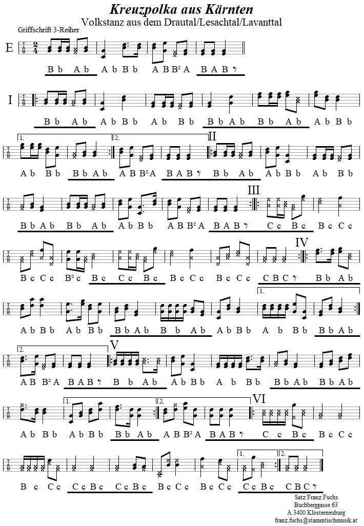 Kreuzpolka aus dem Lesachtal, Krnten, in Griffschrift fr Steirische Harmonika. 
Bitte klicken, um die Melodie zu hren.