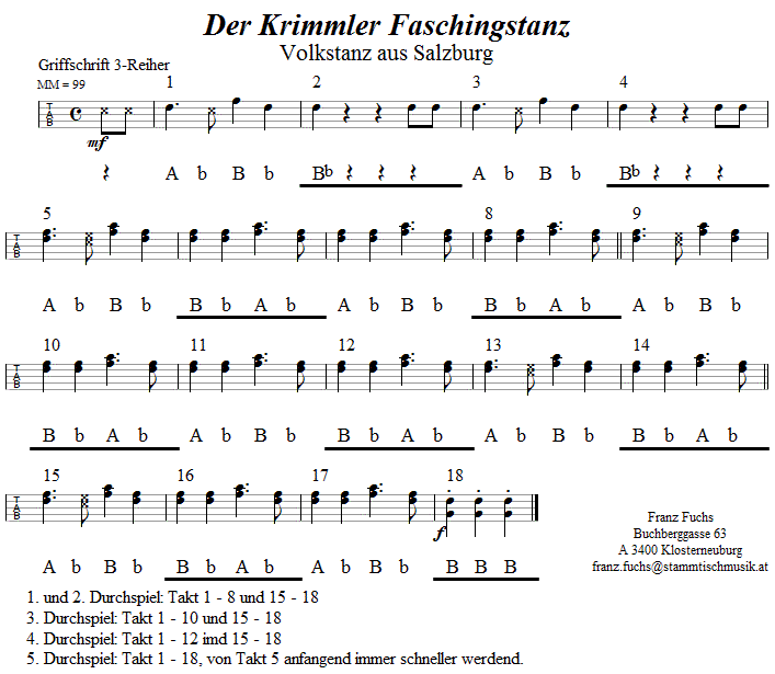 Krimmler Faschingstanz in Griffschrift fr Steirische Harmonika. 
Bitte klicken, um die Melodie zu hren.