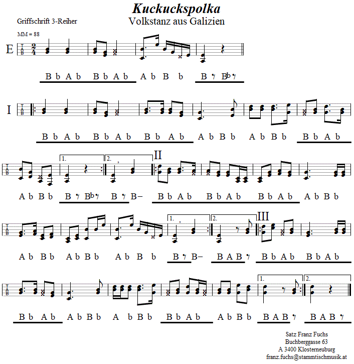 Kuckuckspolka in Griffschrift fr steirische Harmonika. 
Bitte klicken, um die Melodie zu hren.