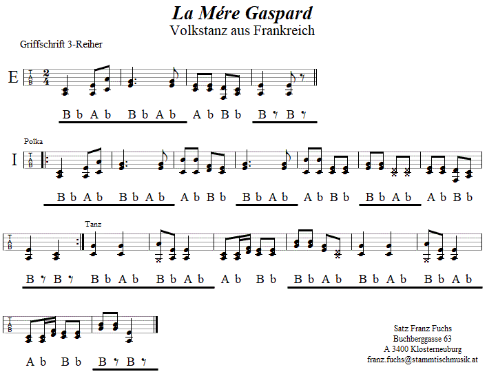 La Mre Gaspard in Griffschrift fr Steirische Harmonika. 
Bitte klicken, um die Melodie zu hren.